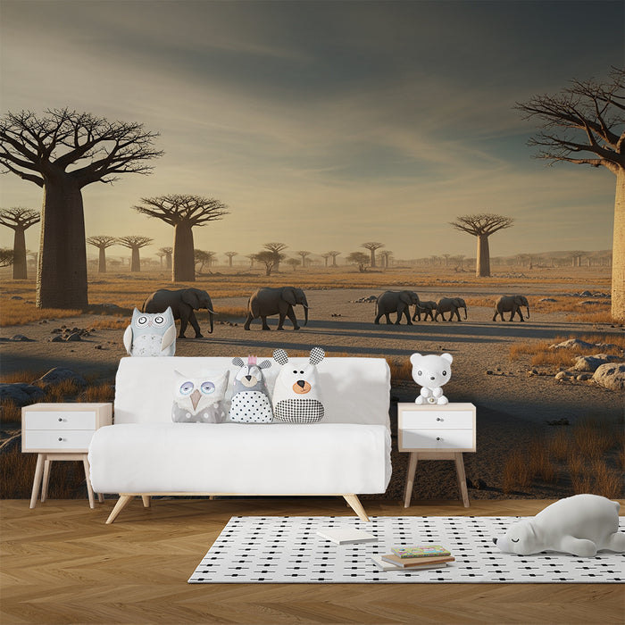 Tapet barnerom | Elegante elefanter under baobabtrær i et afrikansk landskap