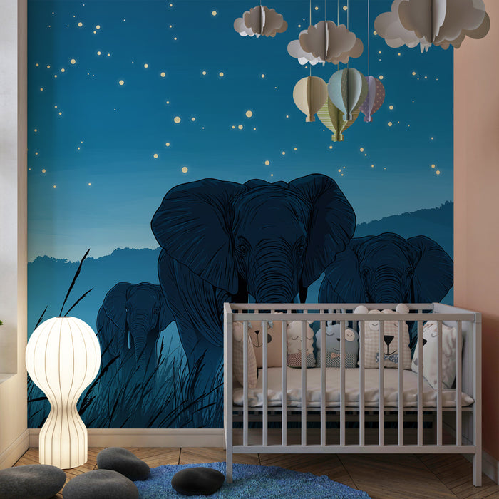 Papier peint chambre enfant | Élégants éléphants sous les étoiles