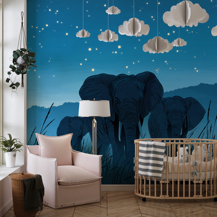 Papier peint chambre enfant | Élégants éléphants sous les étoiles