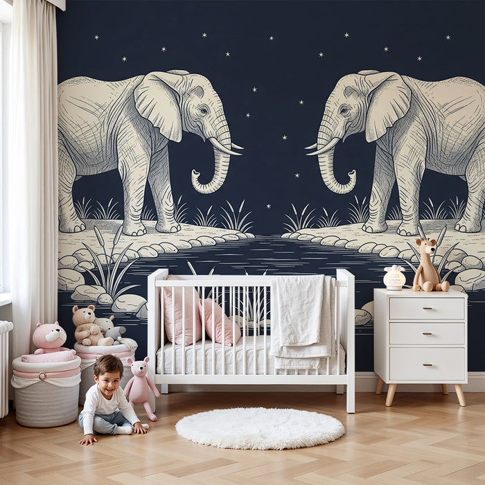 Tapeta za dječju sobu | Elegantni slonovi pod zvjezdanim nebom