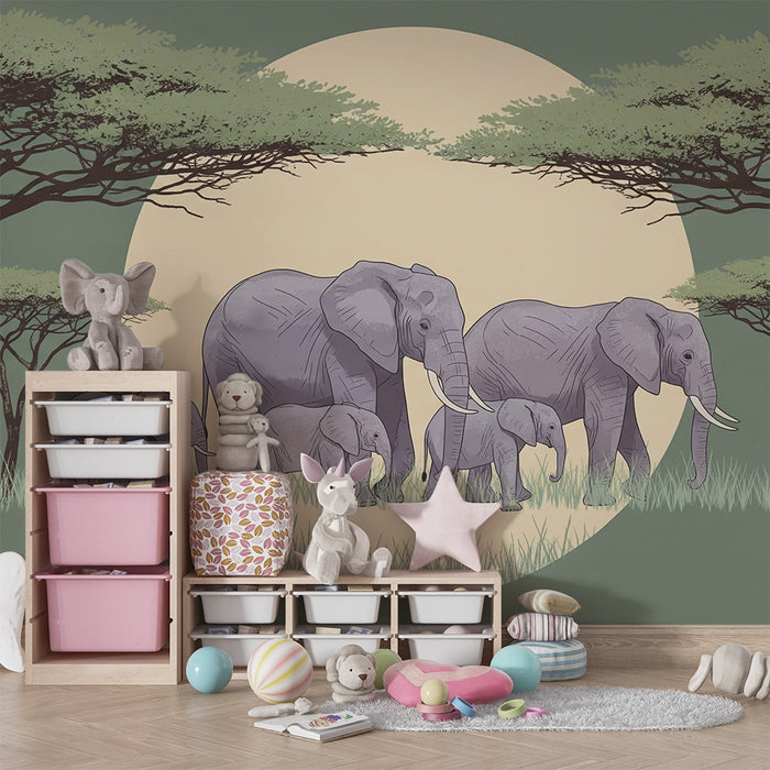Papel de parede criança | Elefantes elegantes sob um céu estrelado