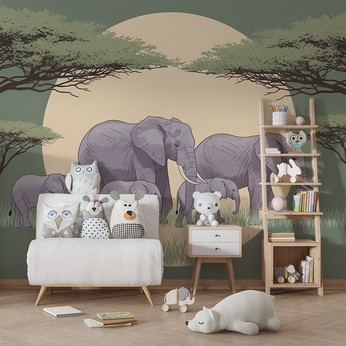Papel de parede criança | Elefantes elegantes sob um céu estrelado