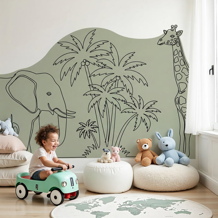 Papier peint chambre enfant | Élément décoratif avec éléphant et girafe