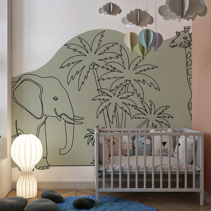 Papier peint chambre enfant | Élément décoratif avec éléphant et girafe