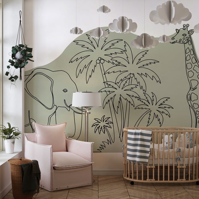 Papier peint chambre enfant | Élément décoratif avec éléphant et girafe