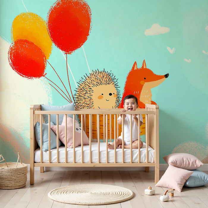 Kinderzimmer Tapete | Himmelselemente mit Igel und Fuchs im Heißluftballon