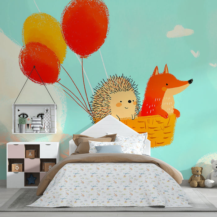Kinderzimmer Tapete | Himmelselemente mit Igel und Fuchs im Heißluftballon