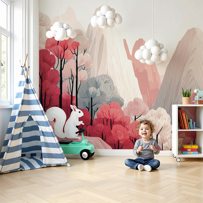 Carta da parati bambini | Elementi della natura con uno scoiattolo in un paesaggio colorato