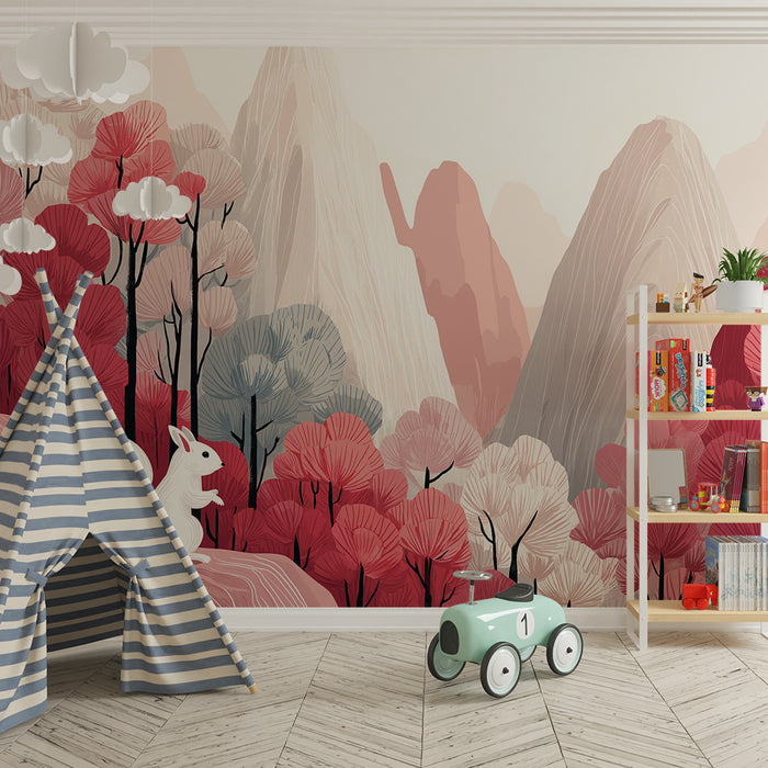 Carta da parati bambini | Elementi della natura con uno scoiattolo in un paesaggio colorato