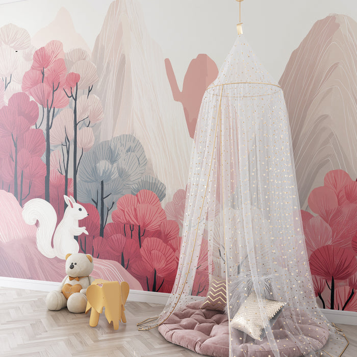 Carta da parati bambini | Elementi della natura con uno scoiattolo in un paesaggio colorato