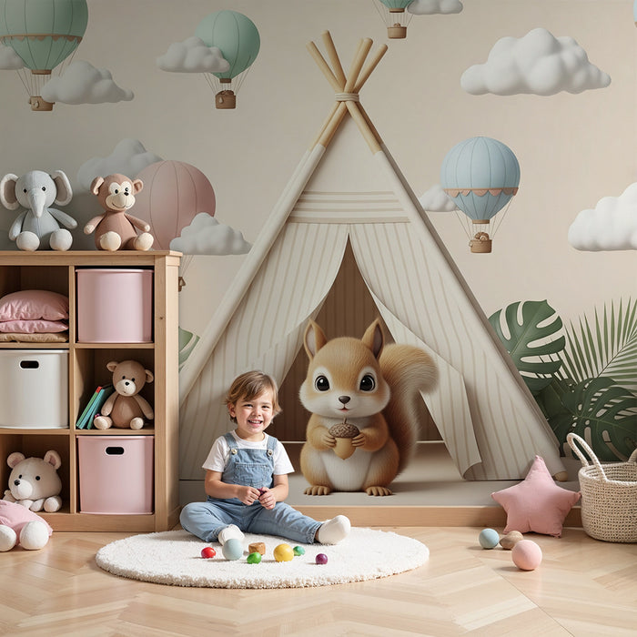 Gyermekszoba tapéta | Természetes elemek és színes hőlégballonok