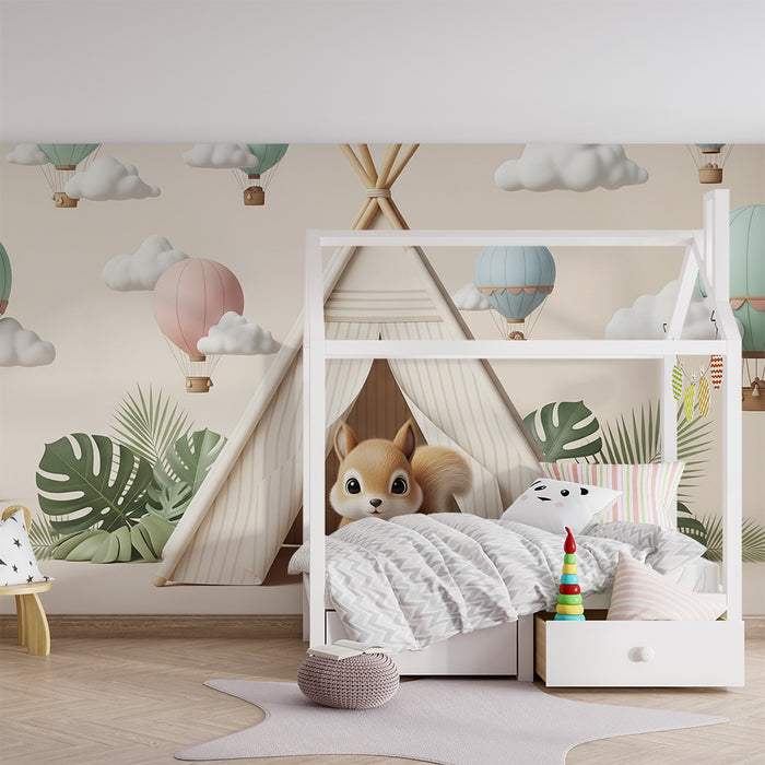 Gyermekszoba tapéta | Természetes elemek és színes hőlégballonok