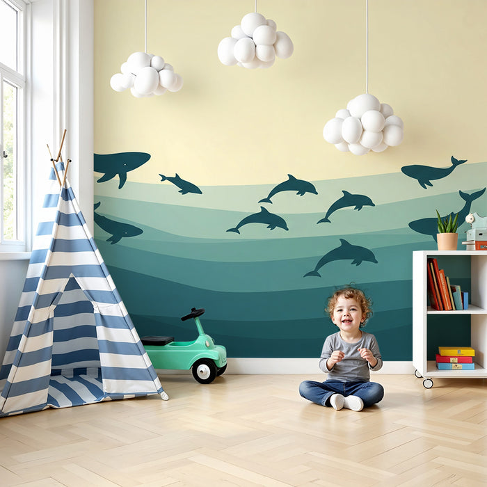 Carta da parati bambini | Elementi marini con balene e delfini in onde rilassanti