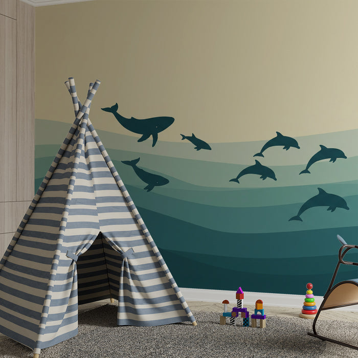 Carta da parati bambini | Elementi marini con balene e delfini in onde rilassanti