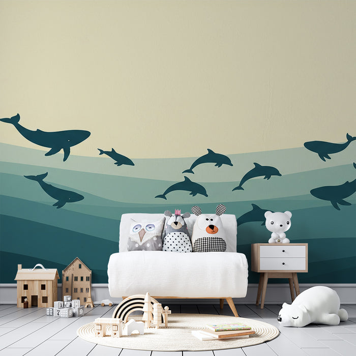 Carta da parati bambini | Elementi marini con balene e delfini in onde rilassanti