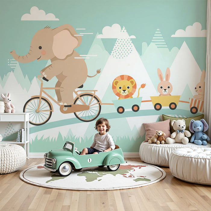 Papier de parede otroška soba | Slon na kolesu s svojimi živalskimi prijatelji v pisani pokrajini