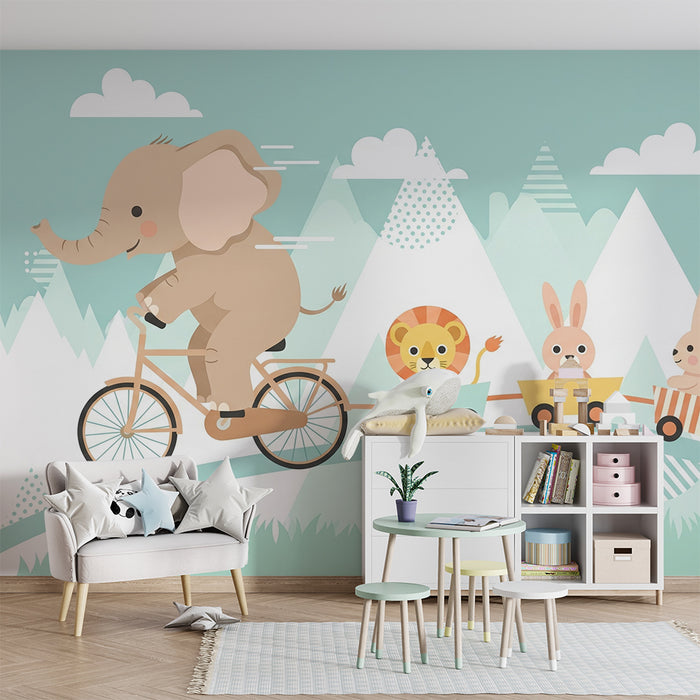 Papier de parede otroška soba | Slon na kolesu s svojimi živalskimi prijatelji v pisani pokrajini