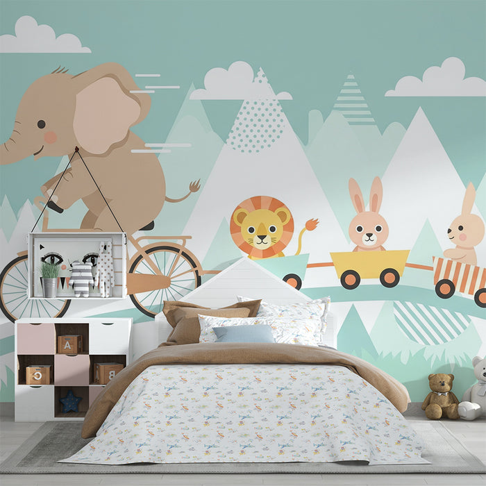 Papier de parede otroška soba | Slon na kolesu s svojimi živalskimi prijatelji v pisani pokrajini