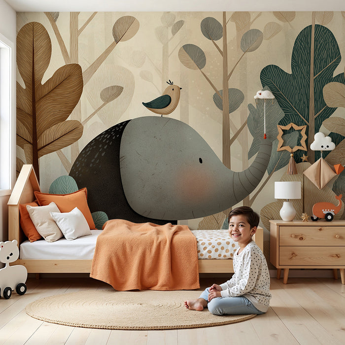 Kinderkamer behang | Vriendelijke olifant en vogel in een gestileerd bos