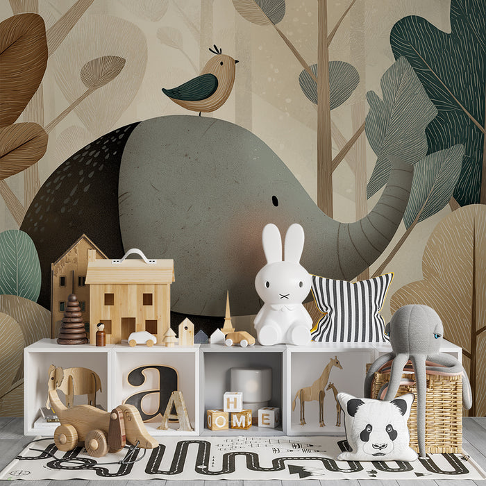 Kinderkamer behang | Vriendelijke olifant en vogel in een gestileerd bos