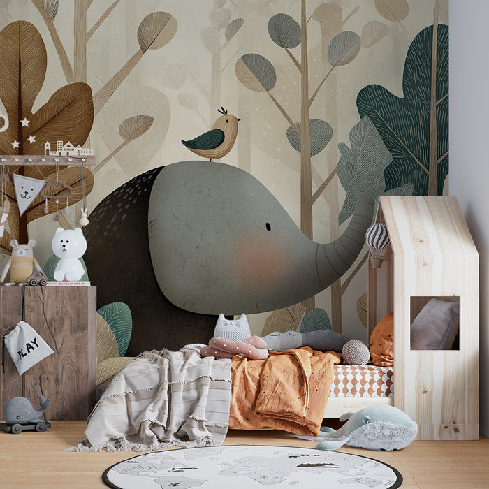 Kinderkamer behang | Vriendelijke olifant en vogel in een gestileerd bos