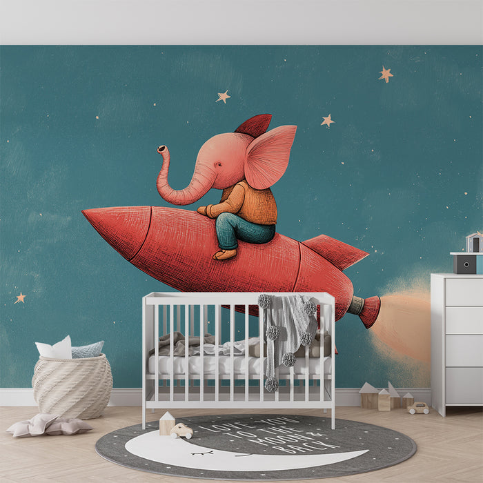 Tapet barnerom | Elefant astronaut i rakett under en stjerneklar himmel