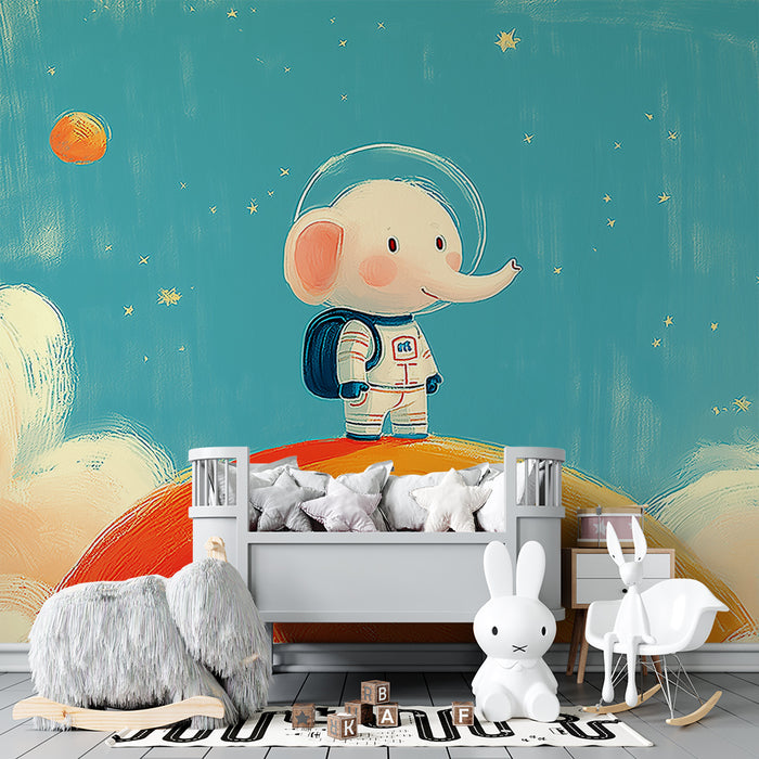Kids room wallpaper | Elephant astronaut exploring space