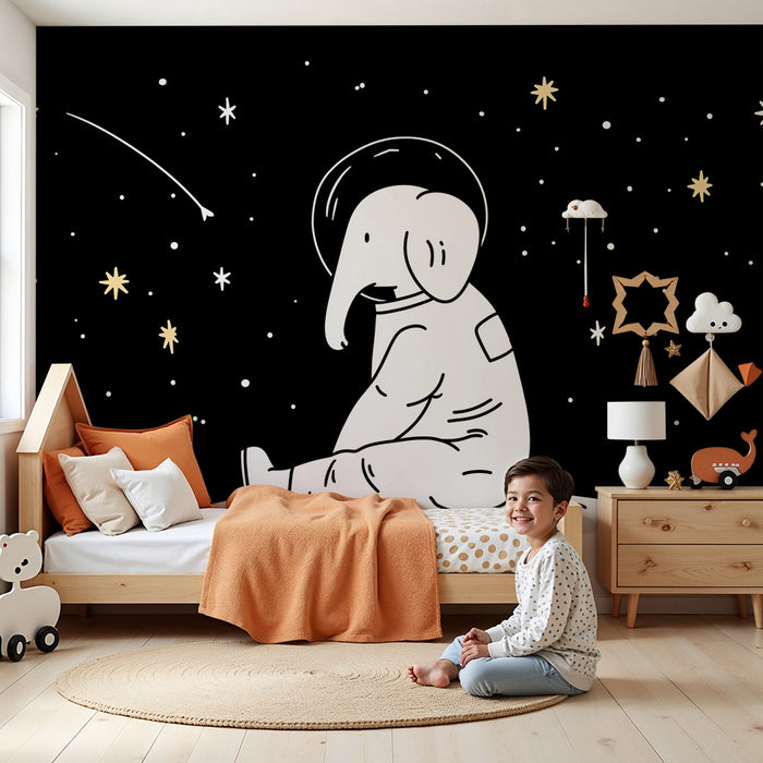 Papel pintado infantil | Elefante astronauta explorando el espacio estrellado