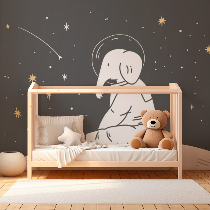 Papel pintado infantil | Elefante astronauta explorando el espacio estrellado
