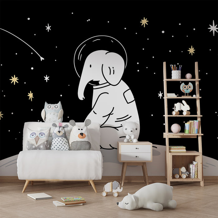 Papel pintado infantil | Elefante astronauta explorando el espacio estrellado