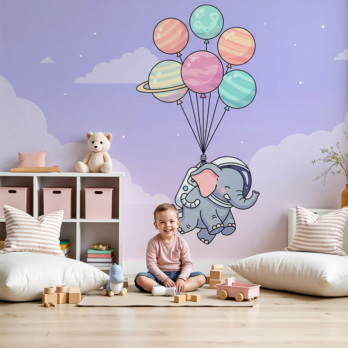 Kinderzimmer Tapete | Elefanten-Astronaut, der mit bunten Luftballons davonfliegt
