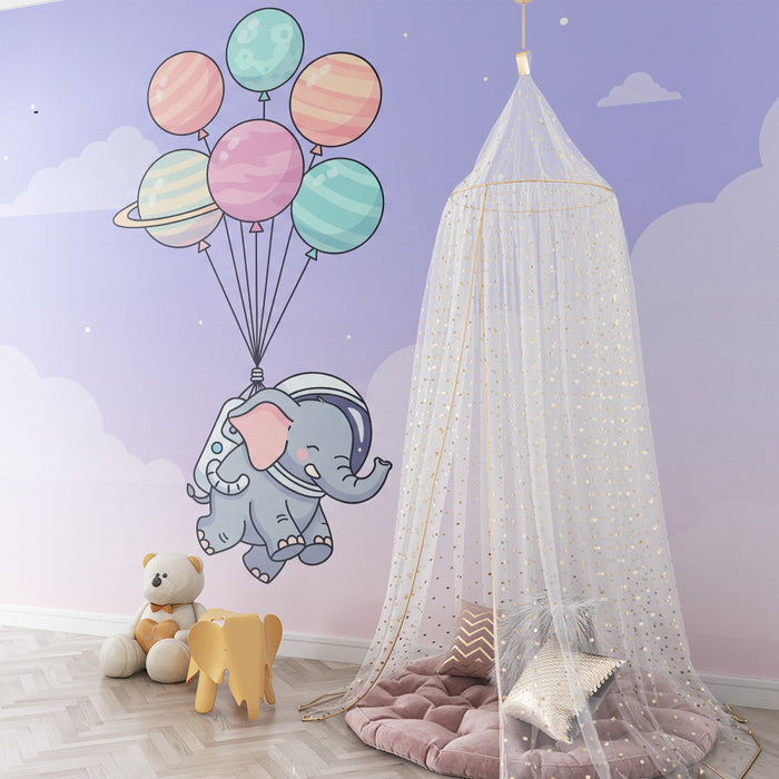 Kinderzimmer Tapete | Elefanten-Astronaut, der mit bunten Luftballons davonfliegt