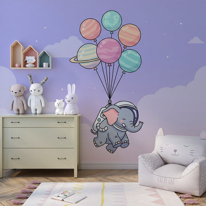 Kinderzimmer Tapete | Elefanten-Astronaut, der mit bunten Luftballons davonfliegt