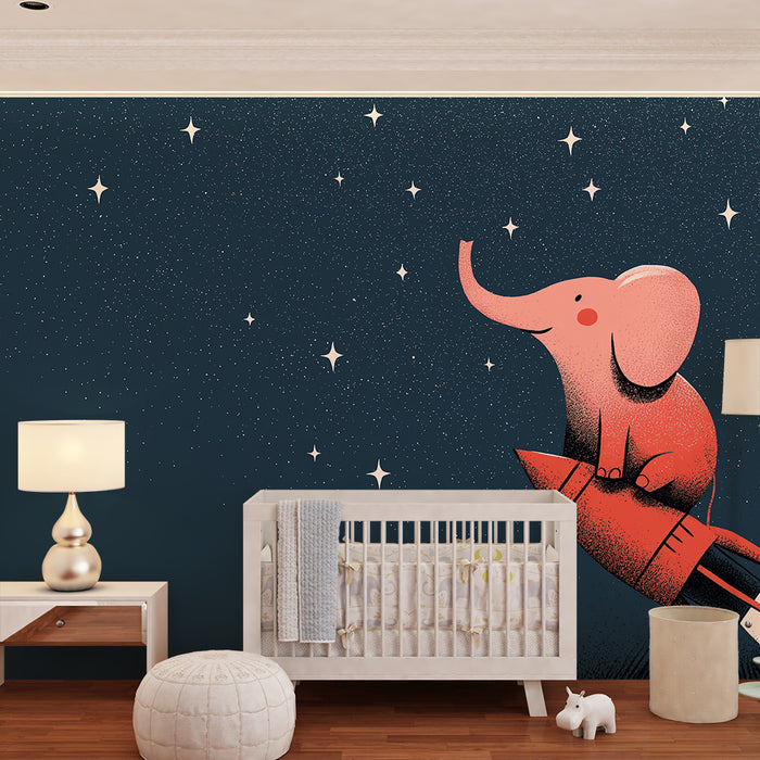 Tapet pentru camera copilului | Elefant astronaut pe o rachetă într-un cer înstelat