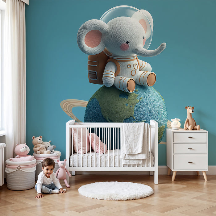 Kinderzimmer Tapete | Elefant Astronaut auf dem Planeten Erde