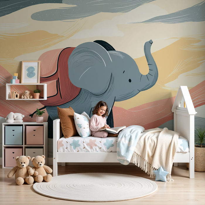 Kids room wallpaper | Adventure elephant at sunset