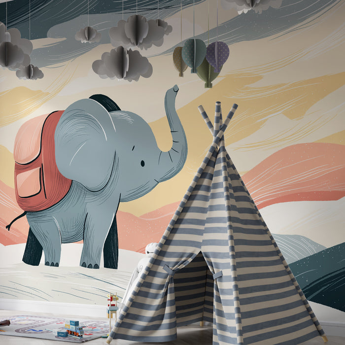 Kids room wallpaper | Adventure elephant at sunset