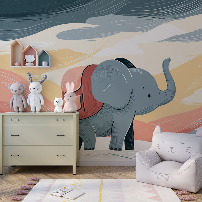 Kids room wallpaper | Adventure elephant at sunset