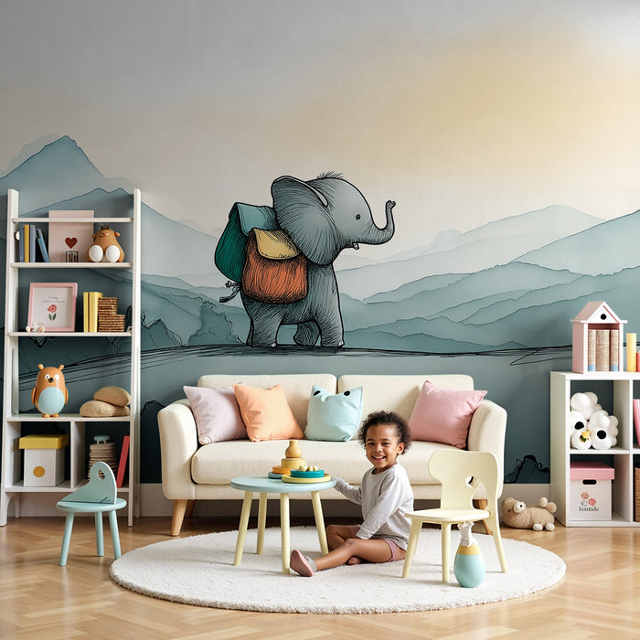 Papier peint chambre enfant | Éléphant aventurier sur fond de montagnes
