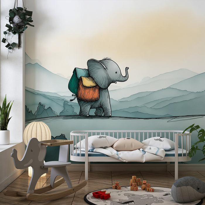 Papier peint chambre enfant | Éléphant aventurier sur fond de montagnes