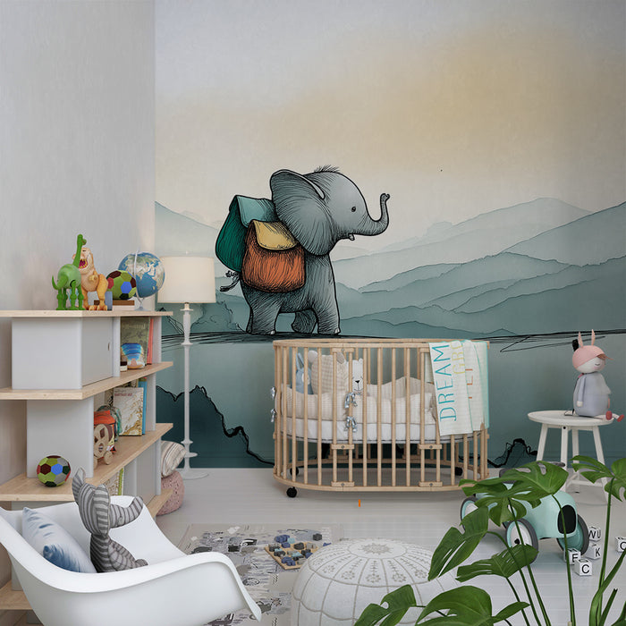 Papier peint chambre enfant | Éléphant aventurier sur fond de montagnes