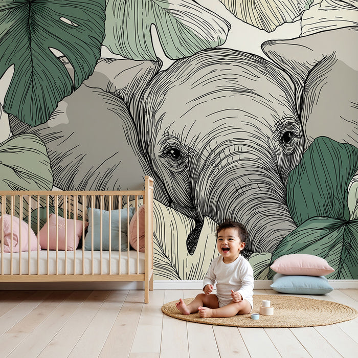 Papel de parede criança | Elefante escondido entre as folhas tropicais