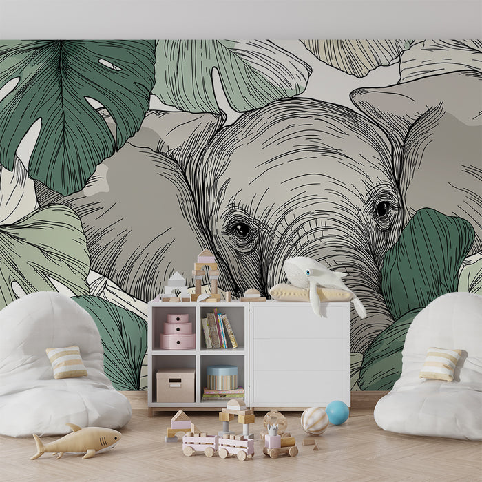 Papel de parede criança | Elefante escondido entre as folhas tropicais