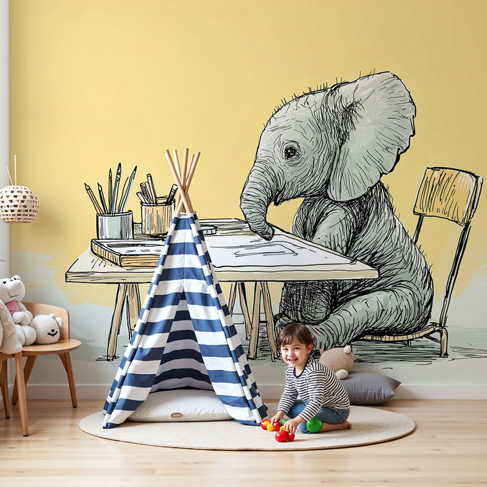 Kids room wallpaper | Creative elephant at a desk with artistic supplies