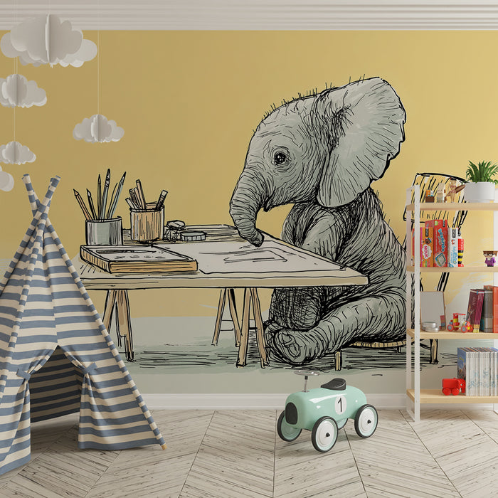 Kids room wallpaper | Creative elephant at a desk with artistic supplies