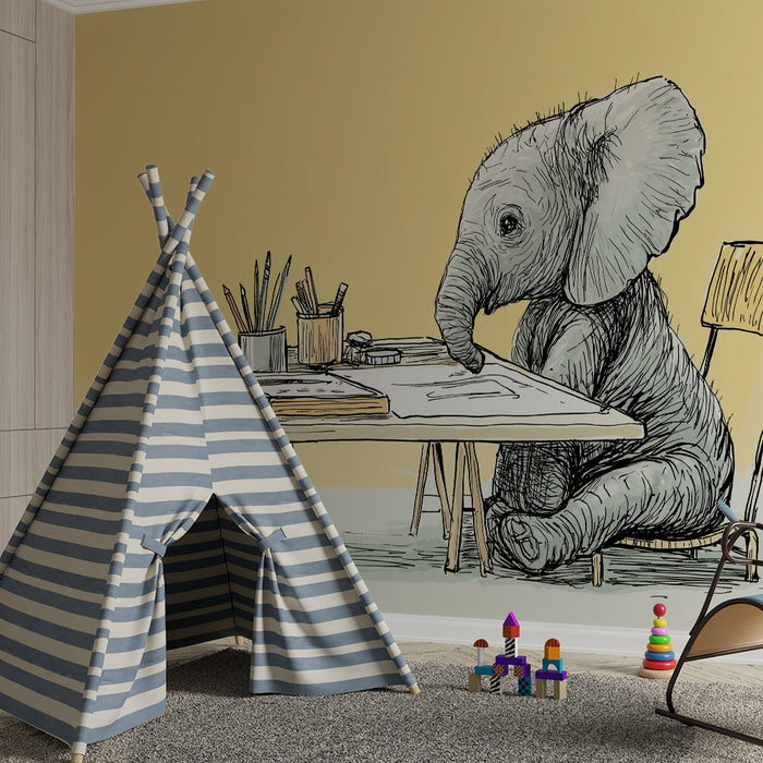Kids room wallpaper | Creative elephant at a desk with artistic supplies