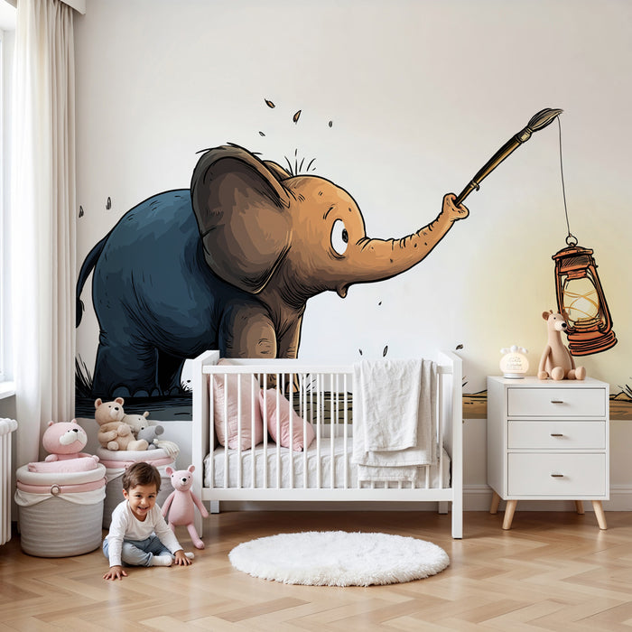 Tapet barnerom | Nysgjerrig elefant og lysende lampe