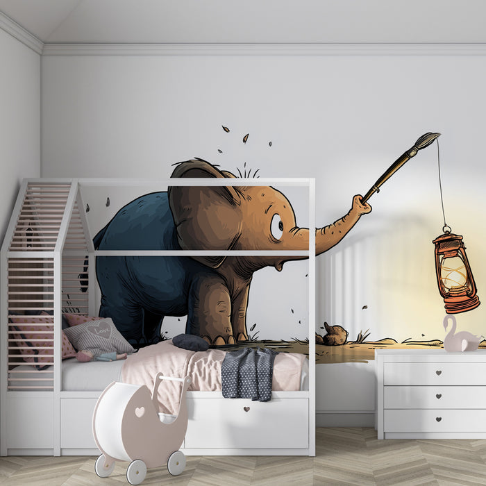 Tapet barnerom | Nysgjerrig elefant og lysende lampe
