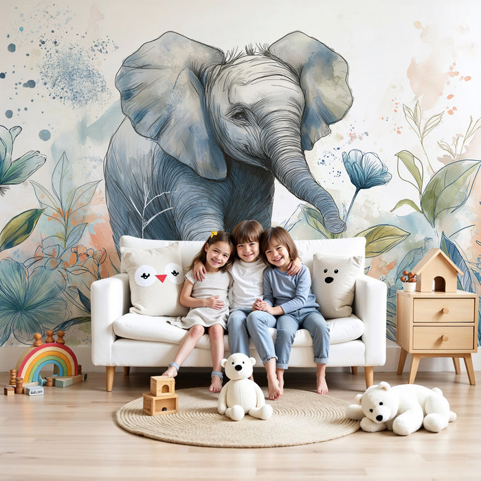 Kinderzimmer Tapete | Elefant im blumigen Dschungel