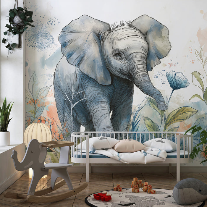 Kinderzimmer Tapete | Elefant im blumigen Dschungel